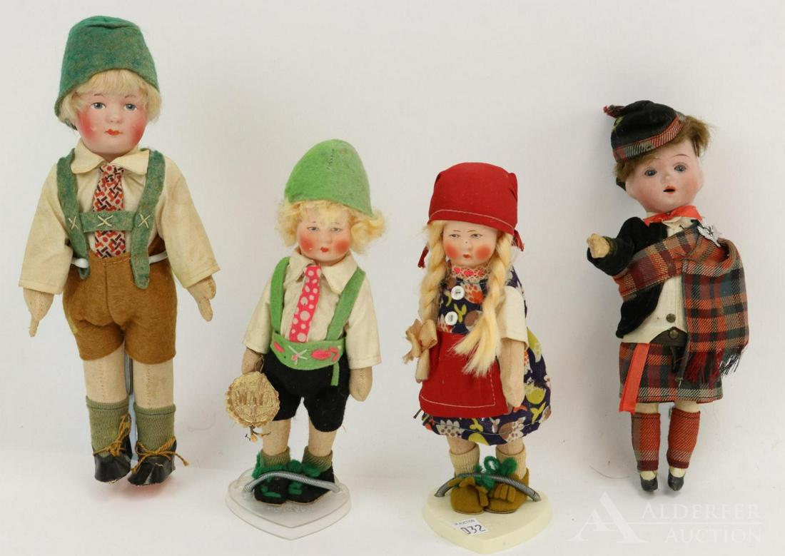 LOT OF DOLLS REPRESENTING OTHER COUNTRIES.: Lot of (4) dolls. (3) German children with papier mache heads, painted features, blonde mohair wigs. 5 Pc. cloth bodies. All original clothing. 6 1/2" Girl (age loss on clothing). 6 1/2" Boy tagged Or