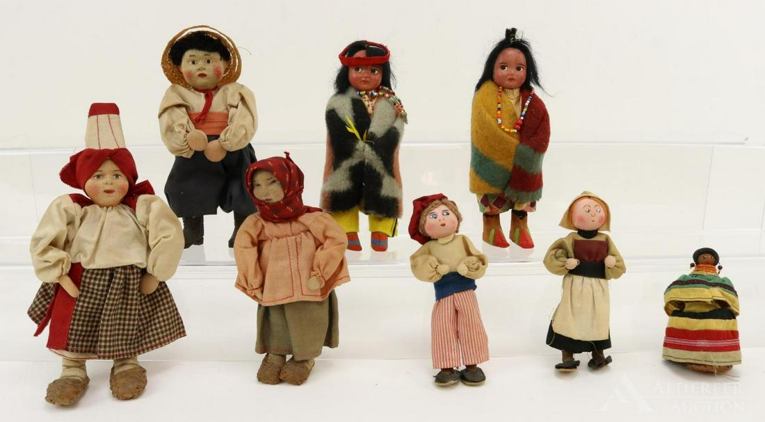 LOT OF DOLLS: NATIVE AMERICAN & REPRESENTING OTHER: Lot of (8) dolls. Native American - (2) 6 1/2" Marked Skookum children. 3 1/2" Seminole from Florida. Other countries - (3) cloth dolls from the Soviet Union. (2) Cloth Dutch? dolls. Condition: age di