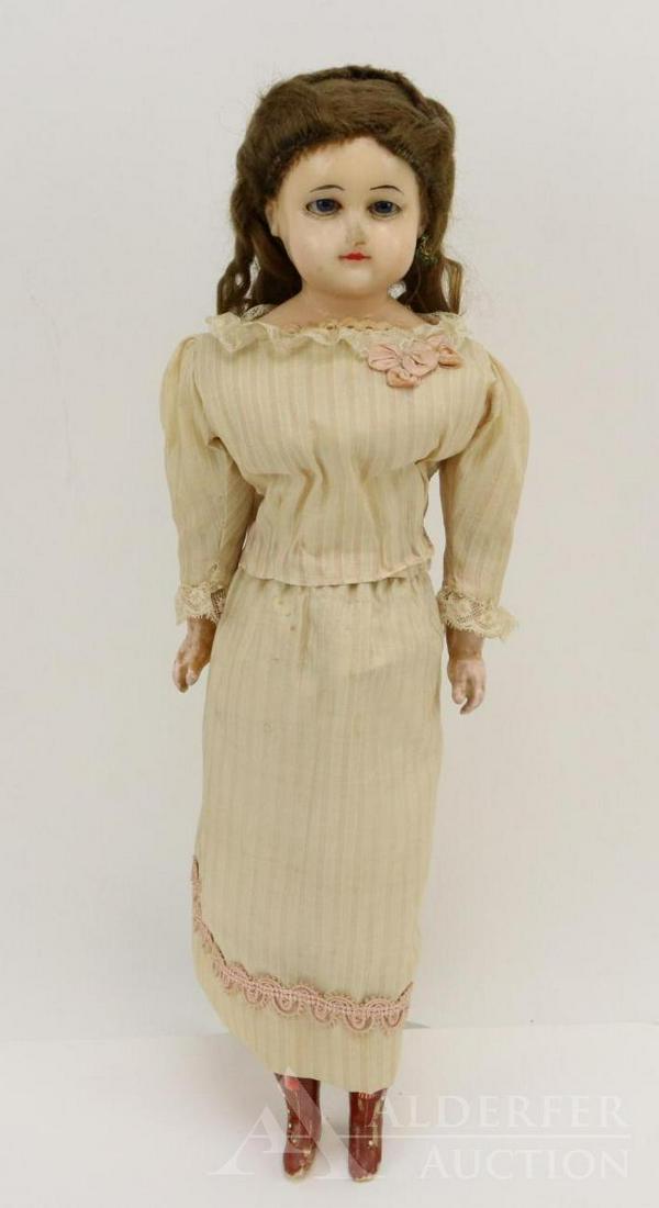 LOT OF WAX/OVER DOLL(S).: 19" Wax over papier mache shoulder head doll with blue sleep eyes, closed mouth, pierced ears, brown braided human hair wig. Cloth body with wax over papier mache lower arms and legs and molded rust b
