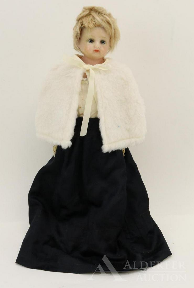 LOT OF WAX/OVER DOLL(S).: 15 1/2" Wax shoulder head doll with blue sleep eyes, closed mouth, blonde mohair wig. Leather gusseted body with white leather lower arms. Individual fingers. Dressed in antique black silk skirt, whit
