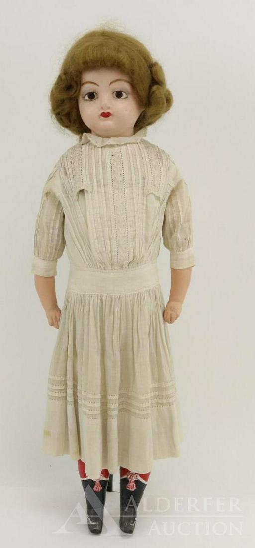 LOT OF WAX/OVER DOLL(S).: 22 1/2" Unmarked wax over papier mache shoulder head doll. Painted features, brown mohair wig. Cloth body with papier mache lower arms and legs and molded boots. Dressed in antique white cotton dress.