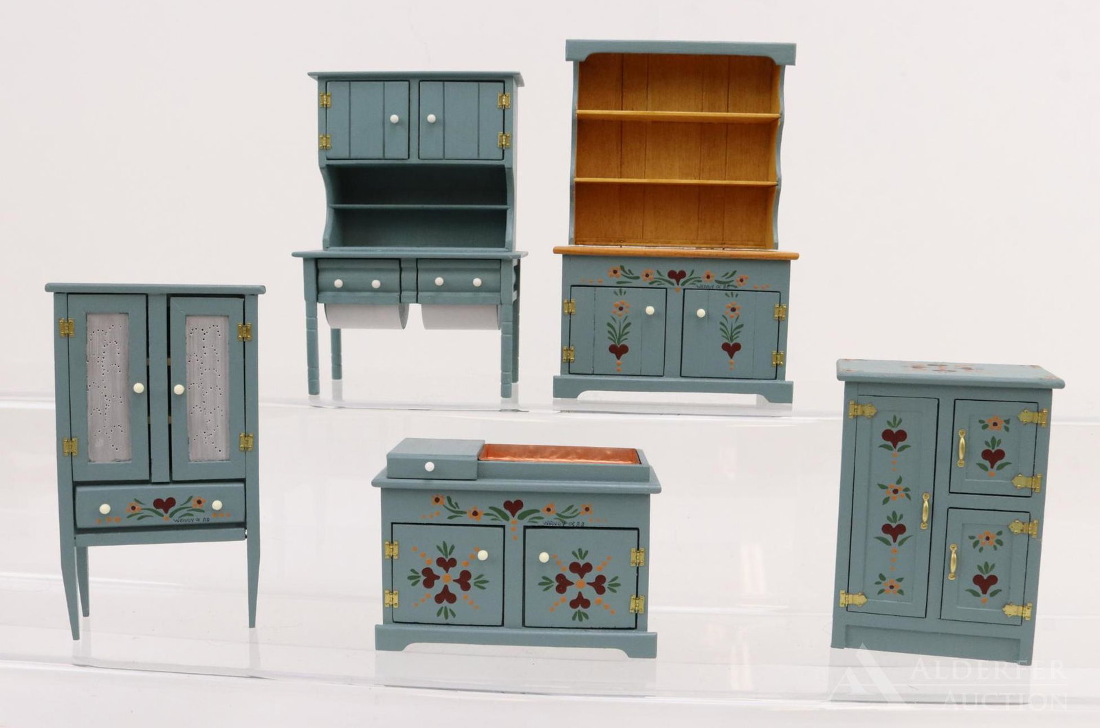 LOT OF MINIATURES.: Lot of furniture made by, dated and signed by artist Palmer Daughety, York, PA. 1988 Pie Safe. 1988 Hutch. 1989 Dry Sink. 1990 Hoosier. 191? Icebox. Beautiful painted designs on all pieces except the 