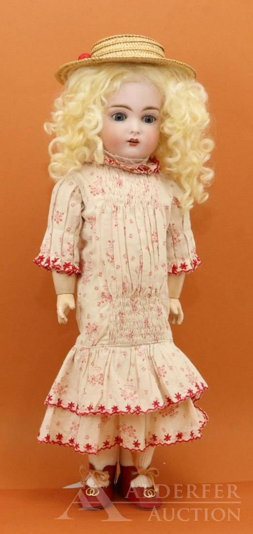 ANTIQUE GERMAN BISQUE HEAD DOLL.: 16 1/2" "C" Doll with blue sleep eyes, open mouth, newer blonde curly mohair wig, plaster pate. Papier mache ball jointed body. Dressed in antique red/white cotton print smocked, drop waist dress; pan