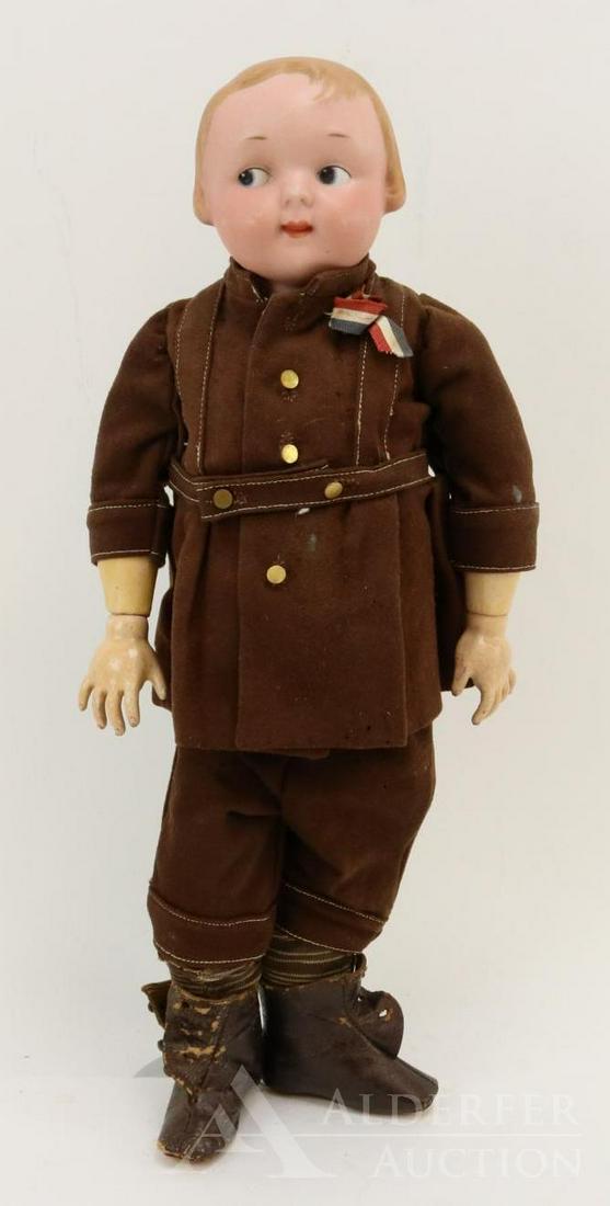 ANTIQUE GERMAN BISQUE HEAD DOLL.: 15 1/2" 210 A.M. GERMANY D.R.G.M. solid dome Googly eye character doll. Blue integlio eyes, open/closed mouth, painted blonde bobbed hair. Papier mache ball jointed body. Dressed in antique brown wool