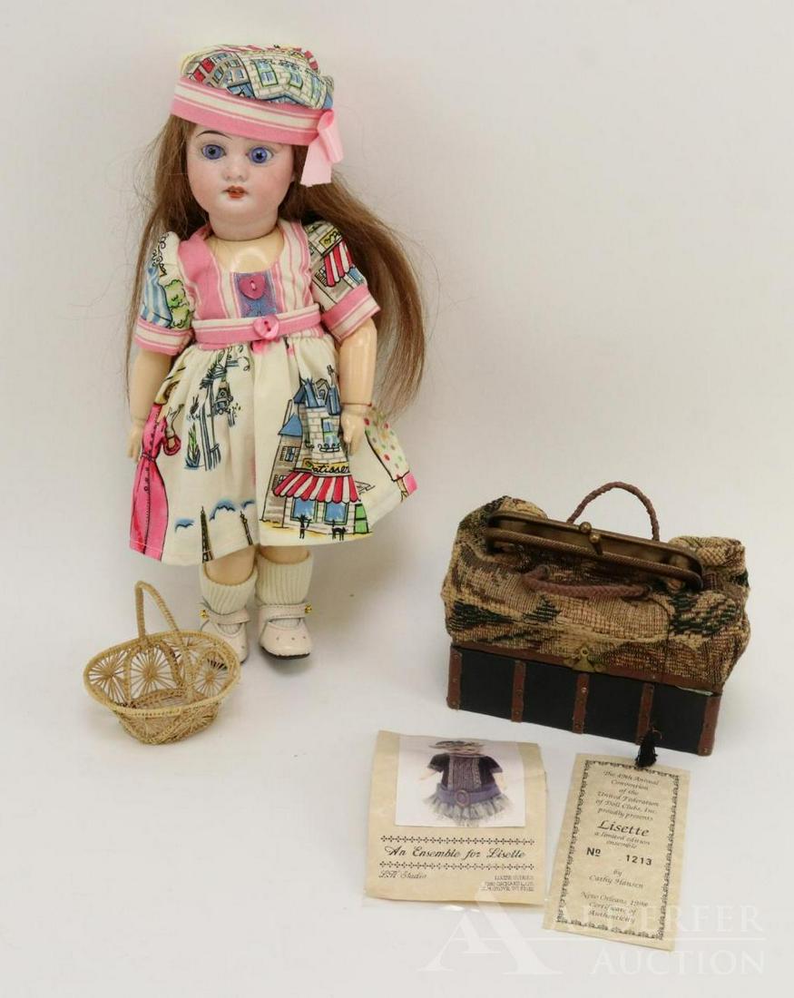 ARTIST DOLL LOT.: LOT. BLUETTE/type doll. 11" Antique 1894 A.M. 2/0 DEP bisque head mounted on a reproduction wooden Bluette size body. Also comes with the tapestry TRAVEL BAG ONLY from Lisette doll by Cathy Hansen. Th