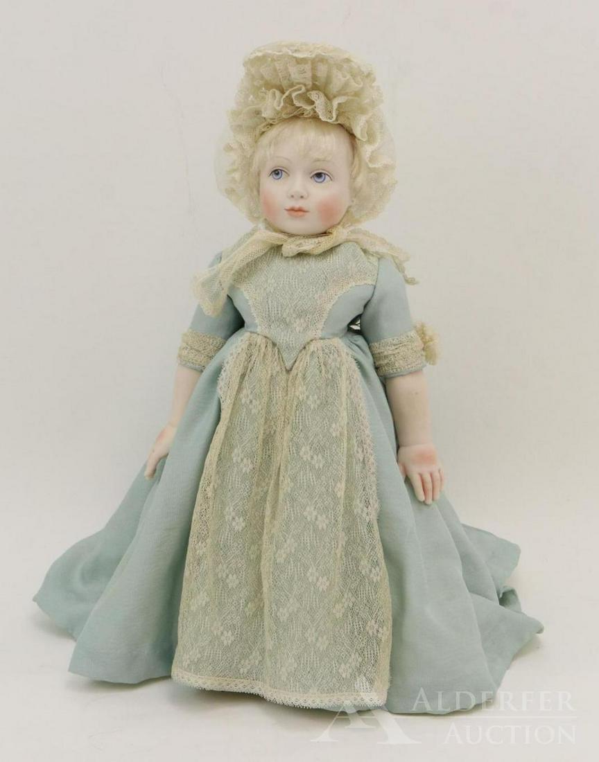ARTIST DOLL LOT.: 14" "Theresa" solid dome bisque shoulder head doll. Marked copyright 1970 USA Pat Robinson. Handwritten hang tag reads: P. Robinson UFDC. Blue integlio eyes, closed mouth, pierced ears. platinum blond
