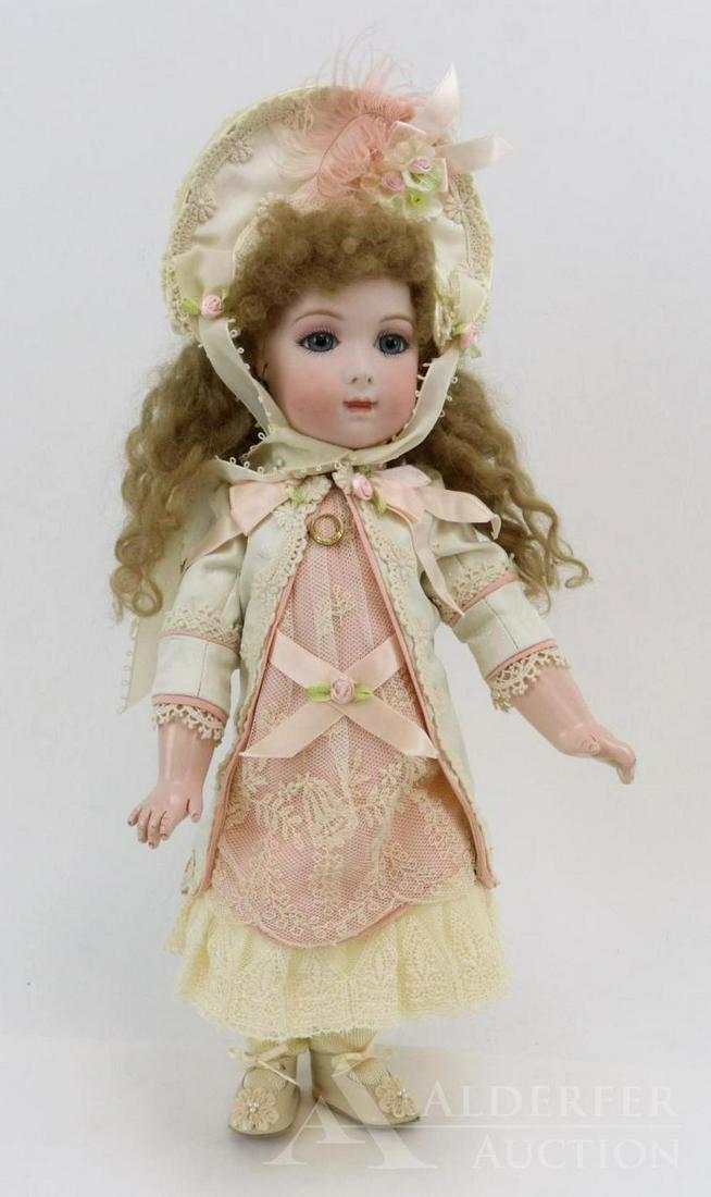 ARTIST DOLL LOT.: 15" JUMEAU French bisque head doll. Marked Lynda & Alan Marx 1984. Blue paper weight eyes, pierced ears, fancy honey blonde mohair wig. Wig marked 1985. Reproduction French style jointed body with 1-p