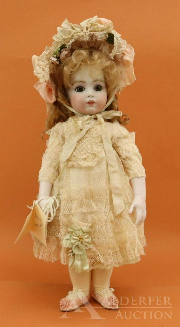 ARTIST DOLL LOT.: 14 1/2" BRU II French bisque head doll. Marked VERNON SEELEY mold 1980, Mary Lambeth 98" . (Winston-Salem, NC.) Brown paper weight eyes, open/closed mouth, pierced ears, curly honey blonde mohair wig.