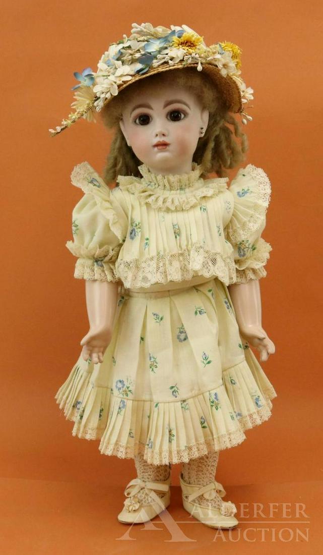 ARTIST DOLL LOT.: 16 1/2" Unmarked (Jumeau?) French bisque head doll. Signed by artist Carol Boyd 1978 (in Italy?). Brown paper weight eyes, pierced ears, very curly dark honey blonde mohair wig. Reproduction French st
