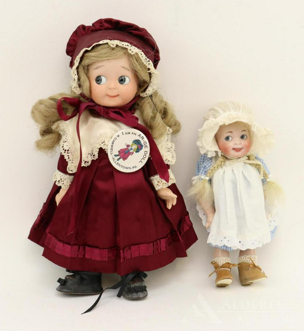 ARTIST DOLL LOT.: Pair of GOOGLY eye bisque head dolls. Both dolls have blue side glance glass eyes, reproduction fully jointed toddler bodies. Doll 1) 9 1/2" is marked copyright 1978 S.C.S.S - 412 222 Cass Jon 2010. O
