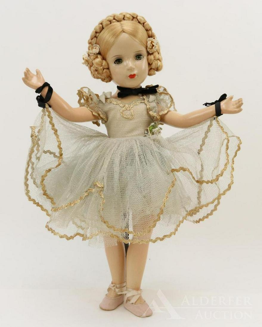 COMPOSITION DOLL LOT.: 18" 1946 All original Madame Alexander "Karen Ballerina" doll. Honey blonde braided rayon yarn hair. Dressed in unmarked pale blue rayon tulle dress with gold rickrack trim. Blue tafetta pants, pale p
