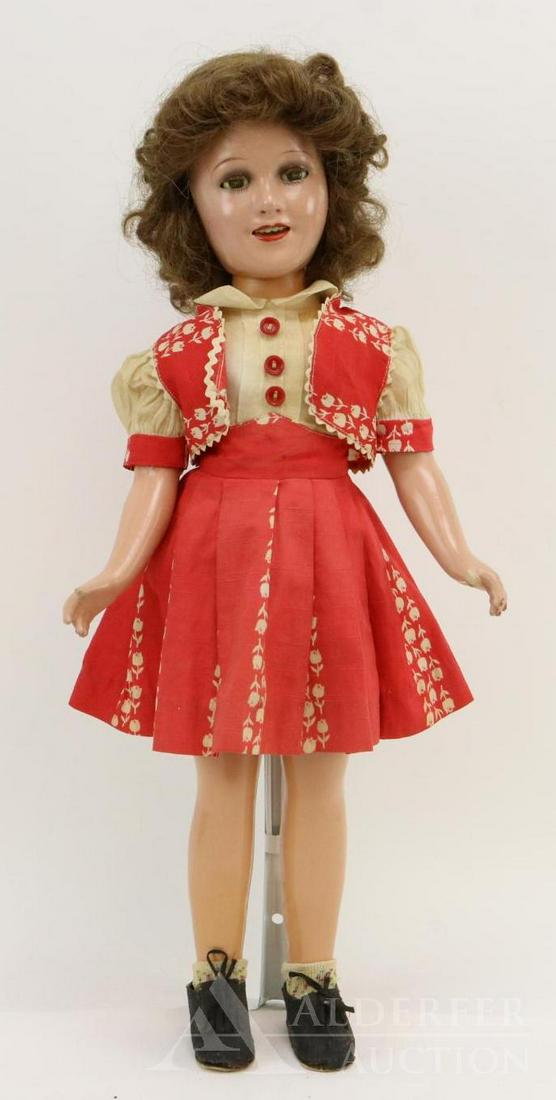 COMPOSITION DOLL LOT.: 20"- 21" Ideal "Deanna Durbin" doll. Brown human hair wig, smiling mouth showing teeth. Body has the swivel waist. She is wearing her original red cotton floral dress with matching bolero jacket. Orig
