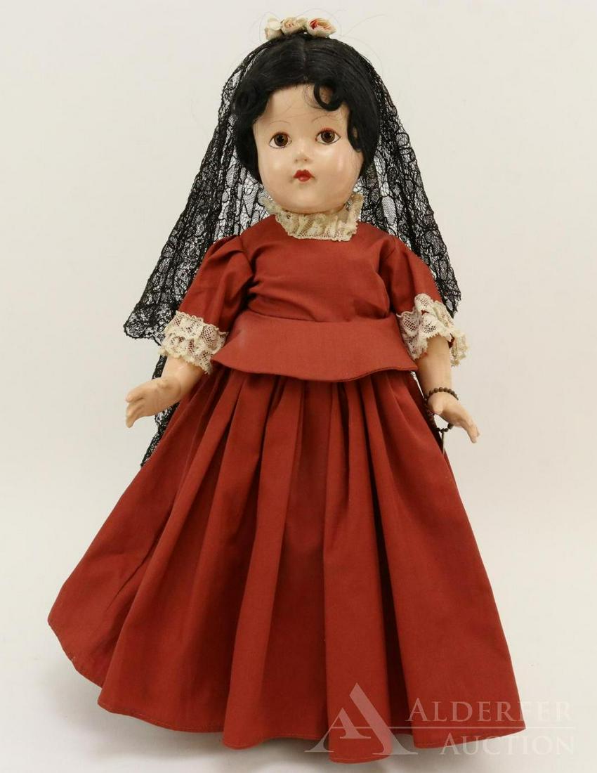 COMPOSITION EFFANBEE HISTORICAL DOLL.: 14" 1939 All original "1565 St. Augustine Settlement" Spanish-American doll. Painted brown eyes, black human hair wig. Rust cotton period gown, petticoat, pantaloons, black oilcloth shoes. Brass heart