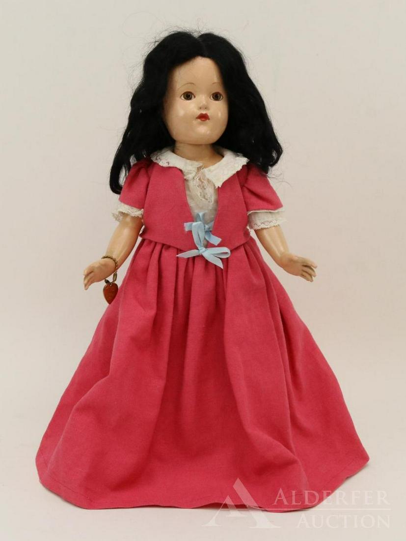 COMPOSITION EFFANBEE HISTORICAL DOLL.: 14" 1939 "1632 Maryland Colony" doll. Painted brown eyes, black human hair wig. This outfit is a COPY of the original one. It is made from rose cotton with a dotted Swiss blouse underneath. Original p