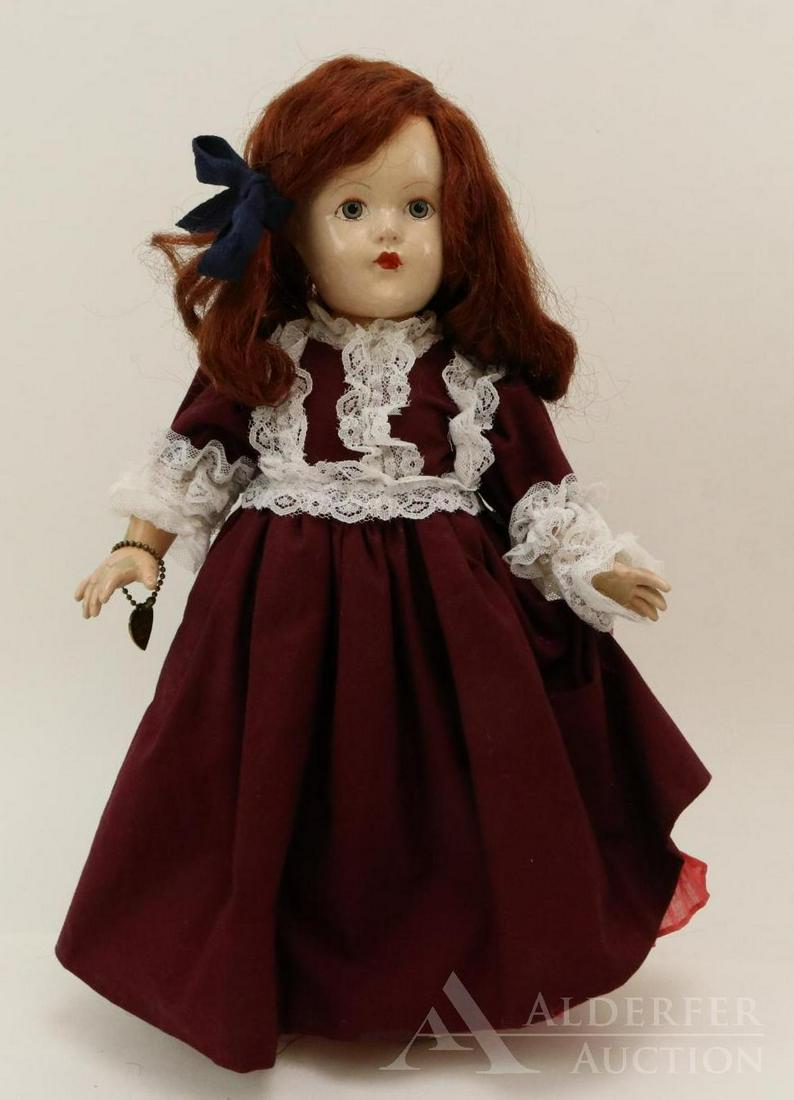 COMPOSITION EFFANBEE HISTORICAL DOLL.: 14" 1939 "1666 Massacusetts Bay Colony" doll. Painted blue eyes, red synthetic wig. This outfit is a COPY of the original one. The dress is made from maroon cotton with newer lace. The pink under skir