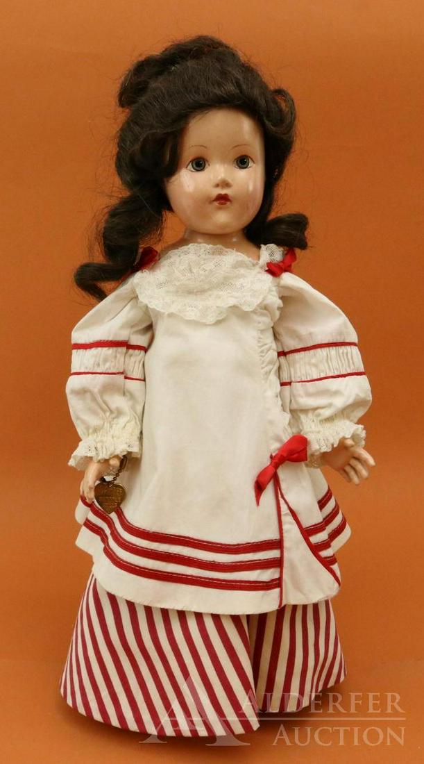 COMPOSITION EFFANBEE HISTORICAL DOLL.: 14" 1939 All original "1816 Monroe Doctrine" doll. Painted blue eyes, brown human hair wig. White cotton overdress with red soutache trim. Cotton red/white stripe underdress. Petticoat, pantaloons, iv