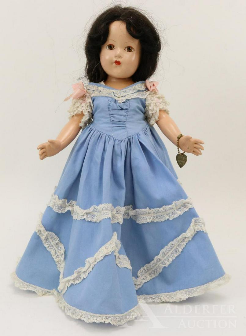 COMPOSITION EFFANBEE HISTORICAL DOLL.: 14" 1939 Original "1840 Covered Wagon Days" doll. Painted brown eyes. Black human hair wig. Blue cotton dress with lace trim, especially on sleeves. Petticoat, pantaloons, NO shoes. Brass heart bracel