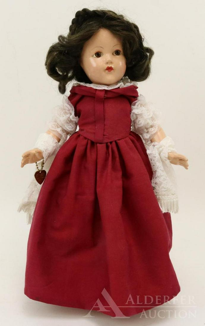 COMPOSITION EFFANBEE HISTORICAL DOLL.: 14" 1939 "1841 Pre-Civil War Period" doll. Painted brown eyes. Black human hair wig. This outfit is a COPY of the original one. Maroon cotton 2-piece dress with lace detail/sleeves. Newer petticoat, p