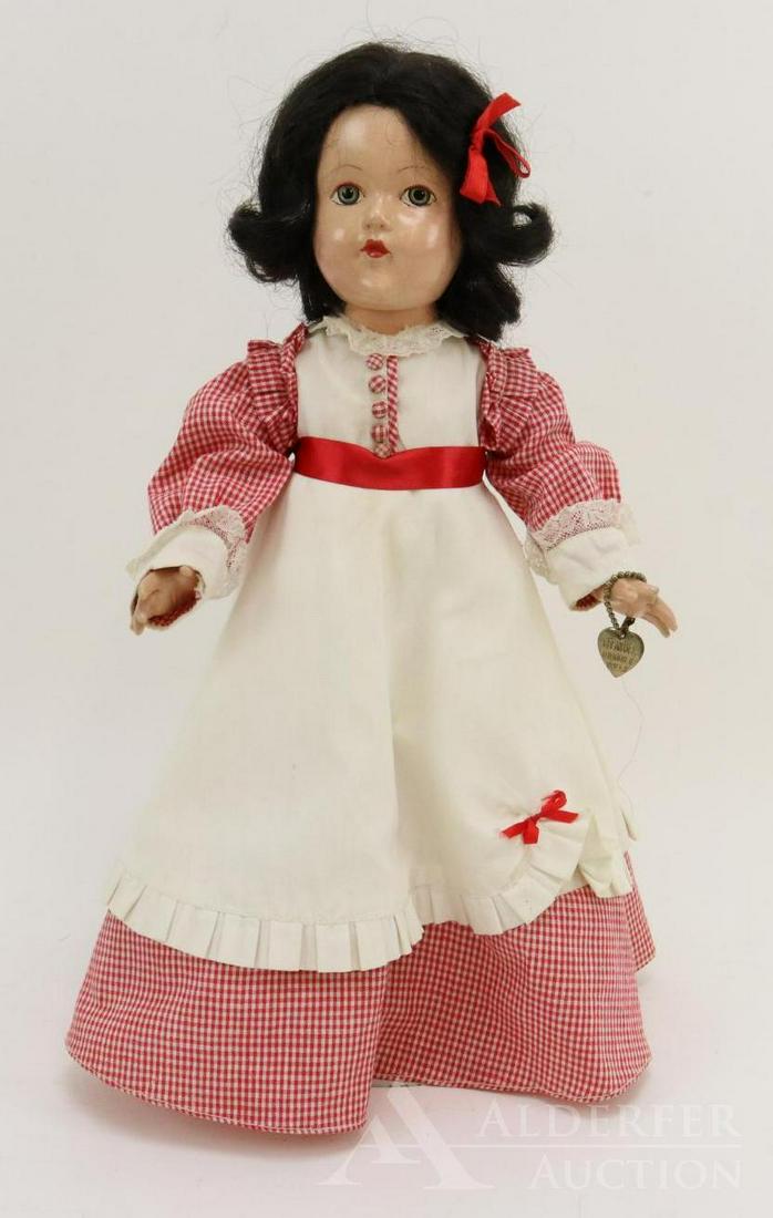 COMPOSITION EFFANBEE HISTORICAL DOLL.: 14" 1939 Original "1868 Post-War Period" doll. Painted blue eyes. Black human hair wig. Red/white check cotton dress with white overskirt. Petticoat, pantaloons. Ivory oilcloth shoes. Brass heart brac