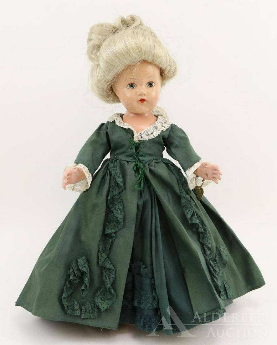 COMPOSITION EFFANBEE HISTORICAL DOLL.: 14" 1939 Original "1740 Benjamin Franklin's Influence" doll. Painted blue eyes, white human hair wig. Dark green cotton dress with dark green and white lace detail. Petticoat, pantaloons. Replaced bla