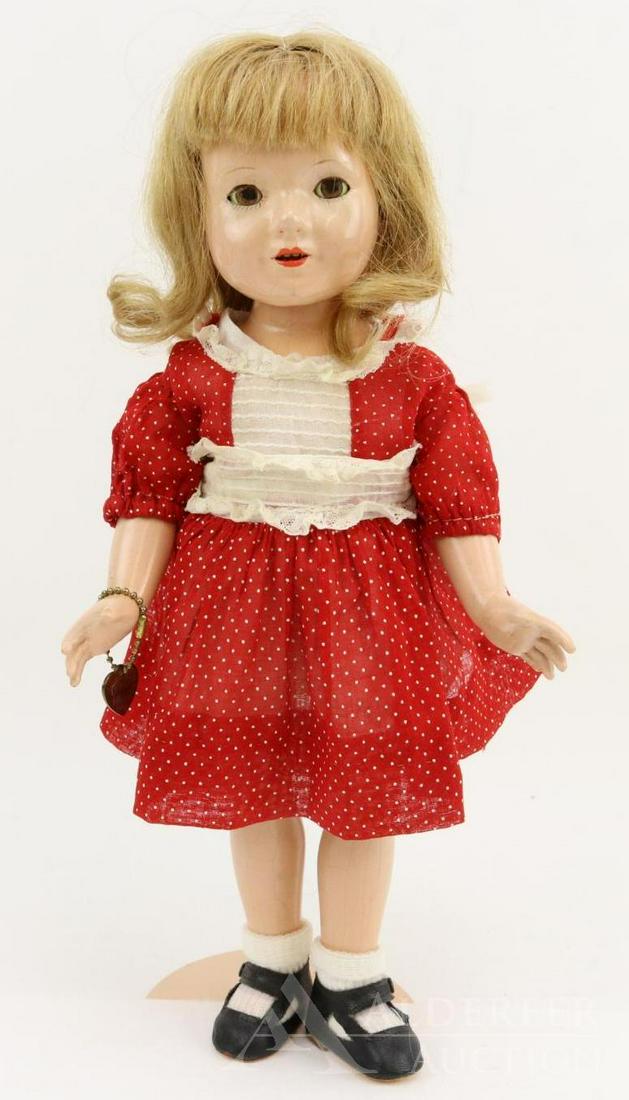 COMPOSITION DOLL LOT.: 14" 1935-1940 Effanbee "Anne Shirley" doll. Sleep eyes, open mouth, honey blonde human hair wig. Dressed in vintage red/white polka dot dress with lace detail at waist/bodice. 1 Pc. undergarment. Blac