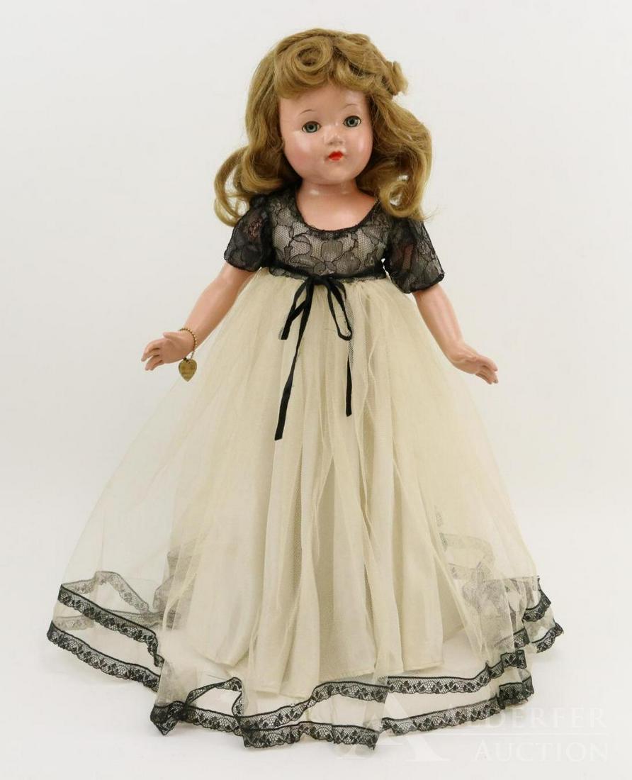COMPOSITION DOLL LOT.: 21" 1935-1940 "Anne Shirley" doll. Blue sleep eyes have good color. Closed mouth. Honey blonde human hair wig. Dressed in what appears to be original clothing: champagne tulle dress/gown with black la