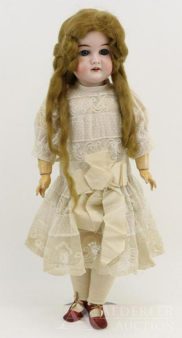 ANTIQUE GERMAN BISQUE HEAD DOLL.: 22 1/2" 29 ) /1( Doll with blue sleep eyes, open mouth, long honey blonde mohair wig. Papier mache ball jointed body. Dressed in all antique clothing: drop waist lace/dotted Swiss dress with large ivo