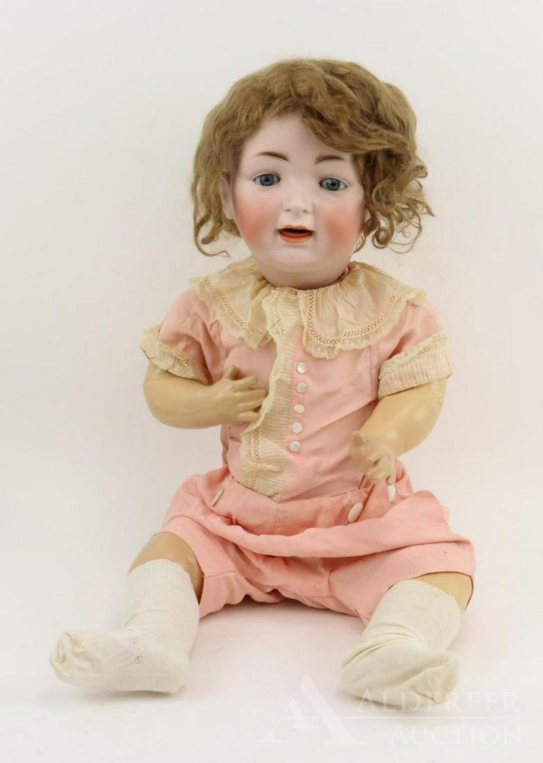 ANTIQUE GERMAN BISQUE HEAD DOLL.: 24" 152 15 MADE IN GERMANY Character baby. Blue sleep eyes, open mouth, curly brown mohair wig. 5 Pc. papier mache baby body (almost a todder body). Dressed in vintage peach rayon 2 pc. play suit with