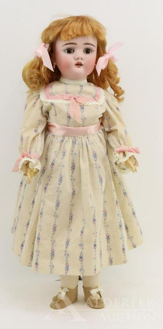 ANTIQUE GERMAN BISQUE HEAD DOLL.: 25" 1 421 12 1/2 GERMANY H. HANDWERCK 4 1/2 doll. Stationary brown eyes, open mouth, pierced ears, synthetic wig. Very clean papier mache ball jointed body. Dressed in newer clothing, shoes, socks. Co