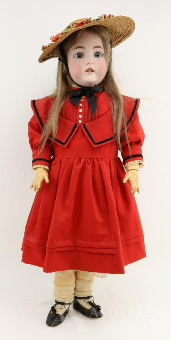 ANTIQUE GERMAN BISQUE HEAD DOLL.: 31" M. MADE IN GERMANY 16 171 6 1/2 Doll. Blue sleep eyes, open mouth, brown French human hair wig. Papier mache ball jointed body. Dressed in antique red wool dress with Bertha collar, black velvet r