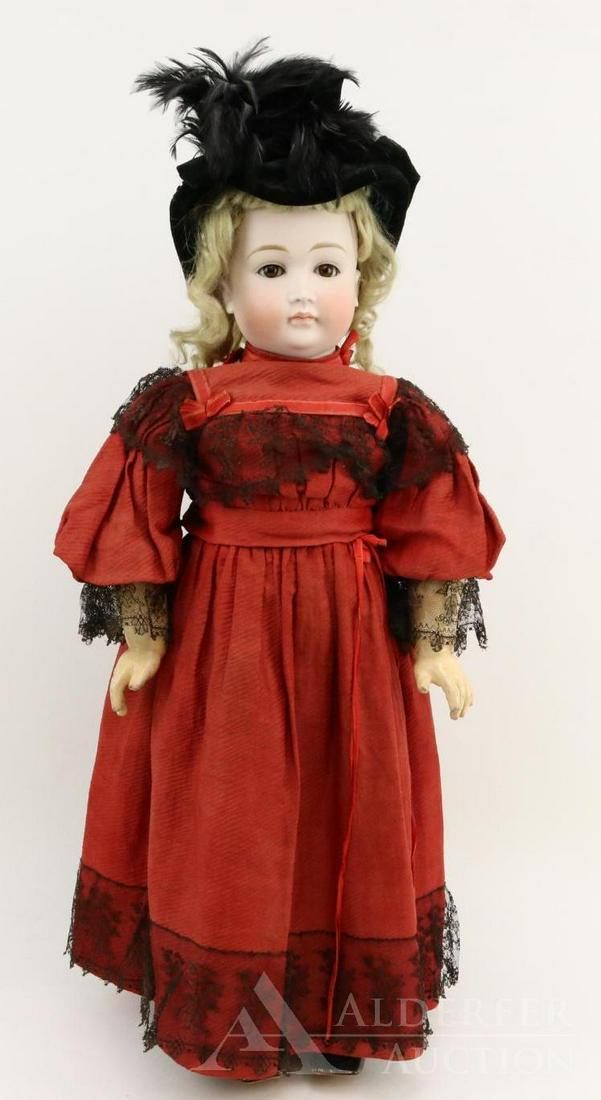ANTIQUE GERMAN BISQUE HEAD DOLL.: 24 1/2" "15" Early pouty face Kestner. Brown sleep eyes, closed mouth, curly blonde mohair wig, plaster pate. Papier mache jointed body with 1 pc. lower arms; separate hip and shoulder joints. Dressed