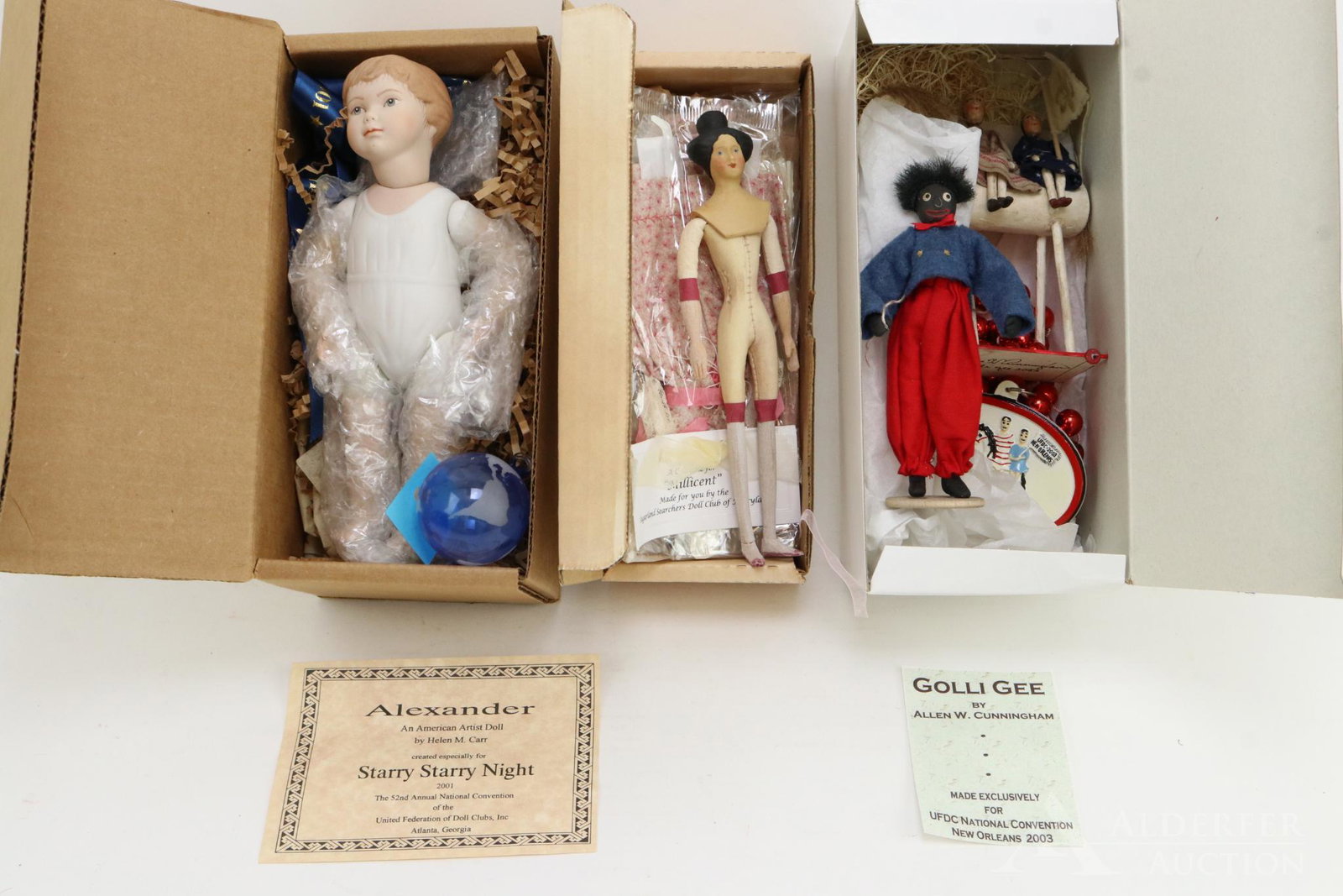UFDC CONVENTION SOUVENIR DOLLS.: Lot of (3) MIB Dolls/Items. 7 1/2" "Millicent" Doll "A Papier Mache Picnic" 2005 UFDC Convention - "Reflections on Fashion", Philadelphia, PA by artist Tom Banwell. Doll comes with (2) pcs. of clothin