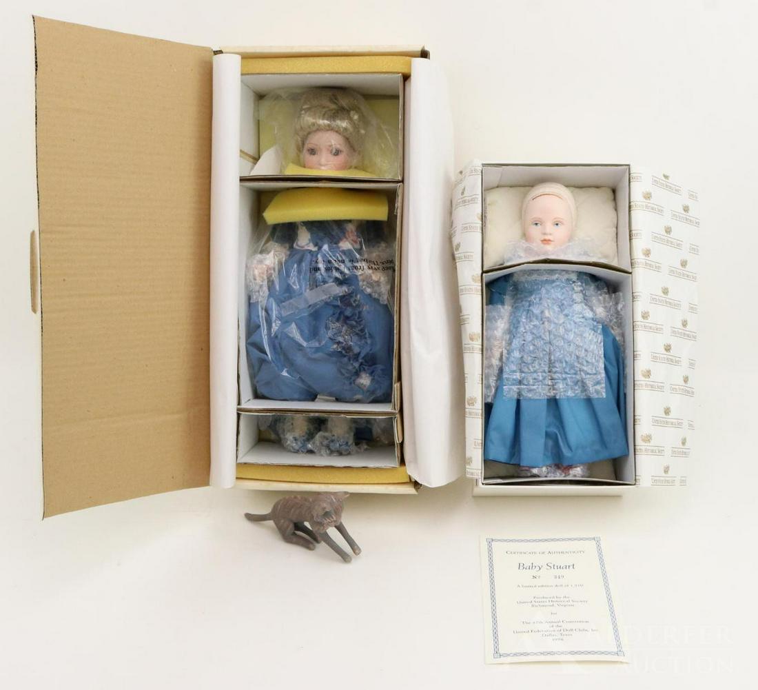 UFDC CONVENTION SOUVENIR DOLLS.: Pair of MIB dolls. 12" "Baby Stuart" No. 349/1510, 1996 47th Annual UFDC Convention, Dallas Texas. Producted by The United States Historical Society, Richmond, VA. 14" "Arianna", 1999 UFDC 50th Annive
