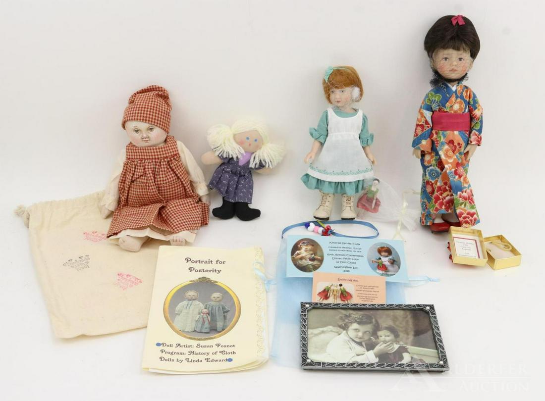 UFDC CONVENTION SOUVENIR DOLLS.: Lot. 10" Cloth "Portrait for Posterity" Doll by artist Susan Fosnot. 2006, Dallas, Texas. Comes with 6" Rag Doll, Framed picture of child with Lenci Doll. 8" Vinyl "Kindred Spirits Emily" Doll, 2016,