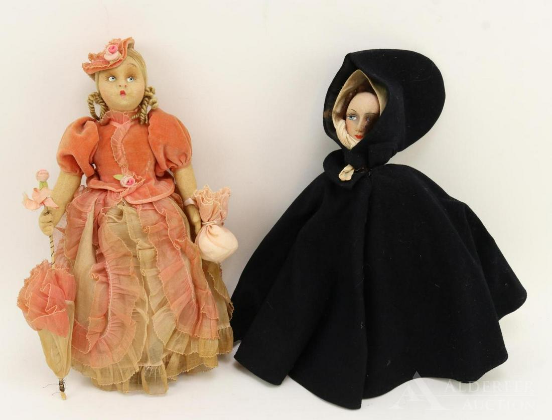 LOT OF CLOTH DOLLS.: Pair of original owner dolls. Both dolls have mask faces and appear to be dressed in original clothing. 12 1/2" Tagged KARAVAN Made in Italy. (Lenci type.) Dressed in all organdy and velveteen. Condit