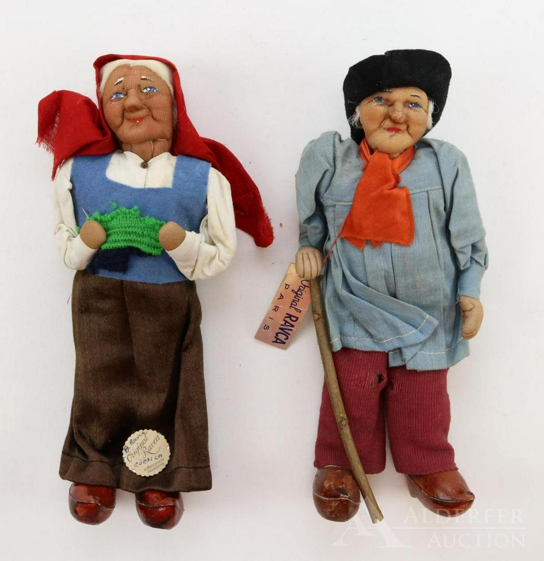 LOT OF CLOTH DOLLS.: Pair of signed, tagged RAVCA 9 1/2" Peasant dolls. Woman is marked Corsica. Man is marked Tourraine. Condition: age loss on the tip of his nose and clothing.