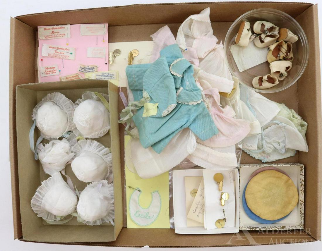 LOT OF DIONNE QUINT ITEMS.: Lot of original items, some unmarked of the period, some reproduction. These are all for the 7" composition Madame Alexander dolls. Clothing - (5) white organdy bonnets with different colors of ribbon