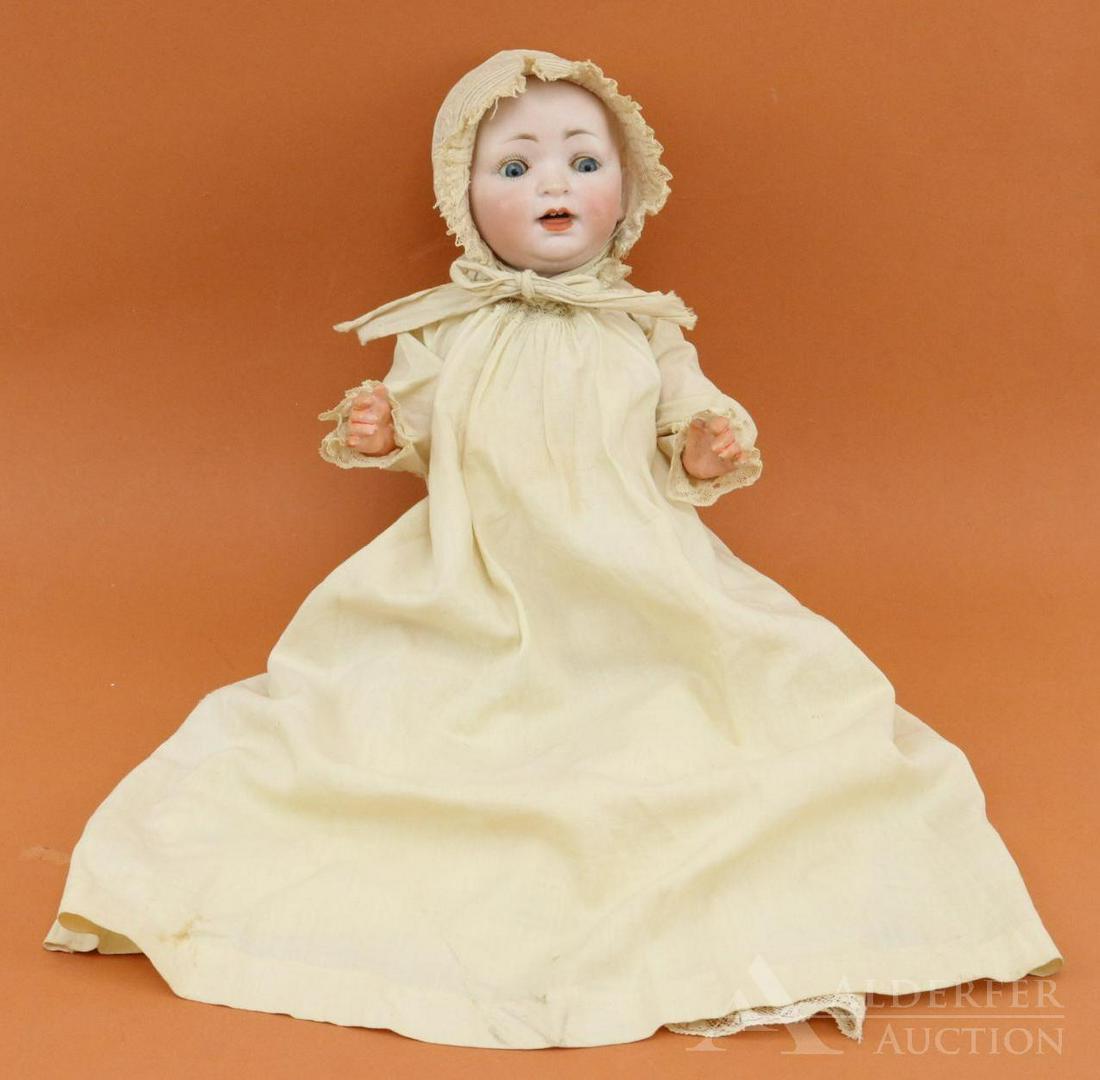 LOT OF GERMAN BISQUE HEAD BABY DOLLS.: 12" MADE IN GERMANY 151/3 solid dome character baby. Blue sleep eyes, open mouth, painted blonde hair. 5 Pc. papier mache bent limb baby body. Dressed in antique long white gown, petticoat, bonnet. Co