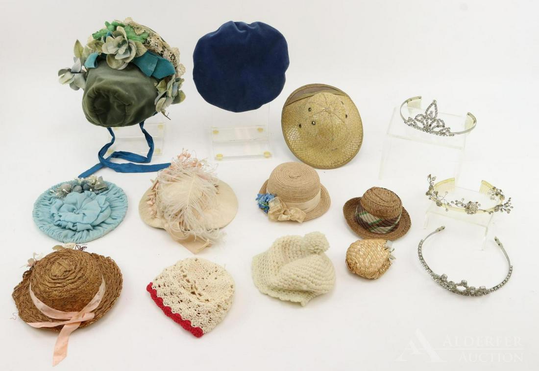 LOT OF ANTIQUE/VINTAGE DOLL HATS, TIARAS.: Lot of (10) hats, bonnets. Vintage - wool knit, velveteen, crepe, cotton crocheted. Antique - Salesman's Sample Man's Pandan, Knox Miniatures, decorated straw, decorated silk. Also, straw handbag. Tia