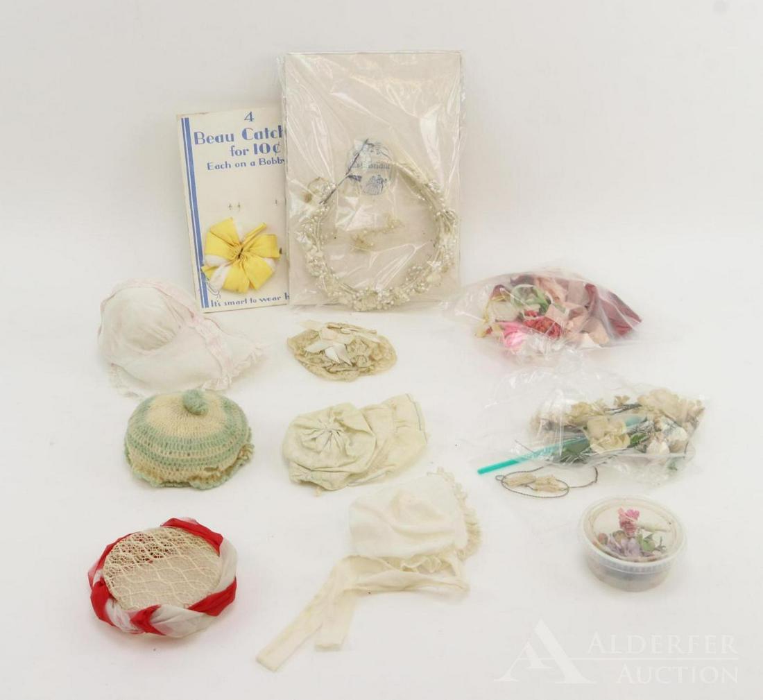 LOT OF ANTIQUE/VINTAGE DOLL HATS.: Lot of (6) hats/bonnets, Bridal coronet/type, vintage decorating flowers. Vintage - decorated straw type. Antique - wool knit cap, cotton sun bonnets, lace. Tagged "an Original T.G, BRIDAL Creation". 