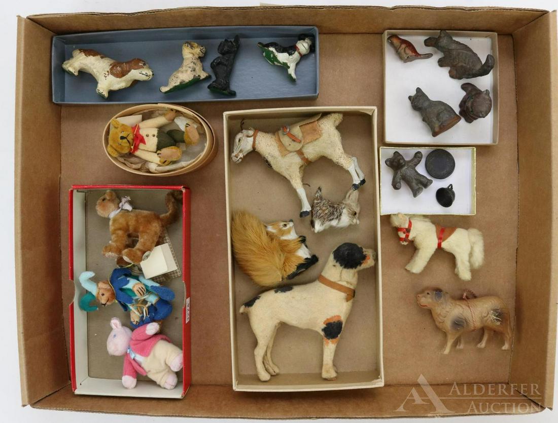 LOT OF MINIATURES & DOLLS.: Lot of miniature animals. 4 1/2" T. Papier mache dog, saddled ram, original Fur Toys Germany pony, fur covered animals, celluloid dog. Cast metal dogs, cats, beaver, teddy bear. Newer 3" plush Bing? b