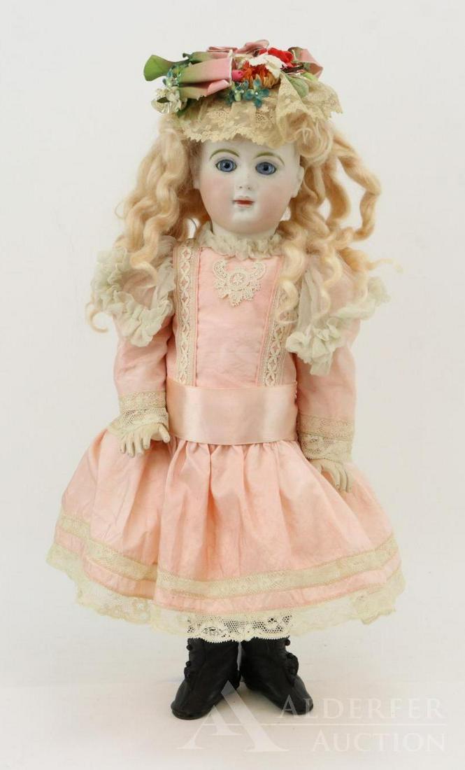 ARTIST DOLL LOT.: 18" CALLANDRE (copyright) 9 E.J. French bisque head doll. Marked M. Lambeth 4/50 (Winston-Salem, N.C.) Blue paper weight eyes, closed mouth, long blonde curly mohair wig with braid across back of head
