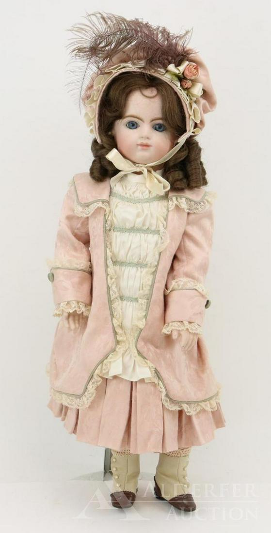 ARTIST DOLL LOT.: 22" F.11.G. French bisque head doll. Marked and signed by Ruth Ann Knave 1991. Blue paper weight eyes, closed mouth, pierced ears, brown curly human hair wig. Reproduction French style body with bisqu