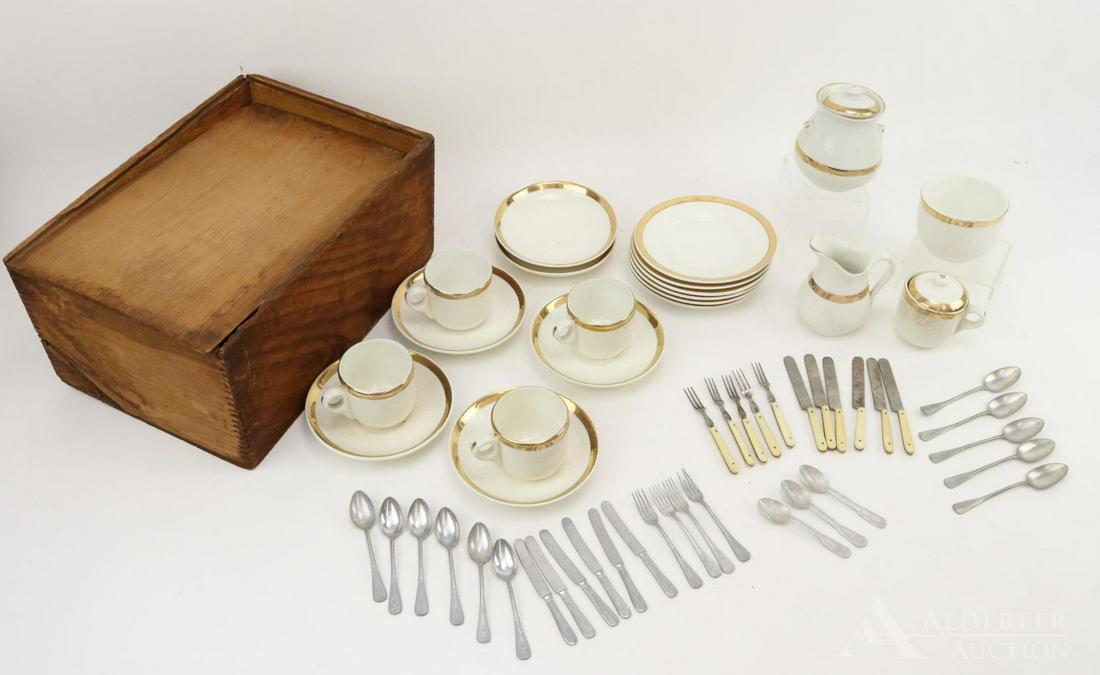 LOT OF HOLIDAY/NOVELTY.: Lot. Child's antique toy china set. Unmarked with gold rim. (5) Cups, (6) saucers, (6) plates, lidded sugar, creamer and waste bowl. Extra lid. Condition: some chips, crazing. Also, (5) bone handled k