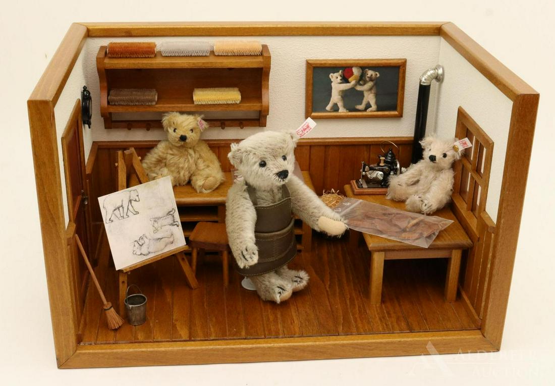 LOT OF STEIFF - 100th ANNIVERSARY COLLECTION.: MINT 2002 Room Box "Teddy Bear Work Shop", Made in Celebration of Steiff's 100th Anniversary. 10" T x 16" W x 10" D. Room shows a 7" mohair bear looking at one of his original sketches on the easel. (