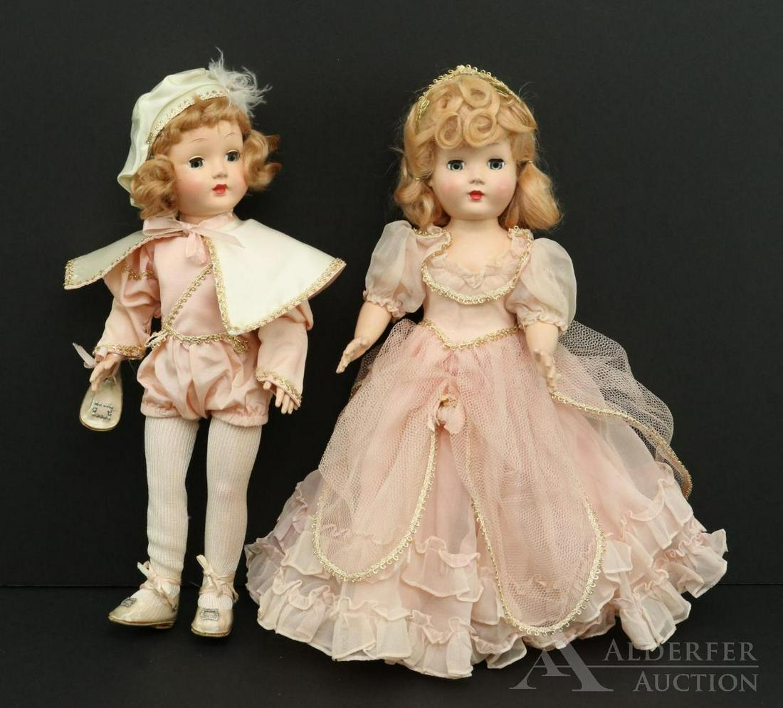DOLLS OF THE 1950's-1960's.: Pair of 14" EFFANBEE hard plastic Honey dolls - "Prince Charming" and "Cinderella". Both dolls have blonde mohair wigs. They are wearing coordinating pink outfits with Prince wearing clear shoes and c
