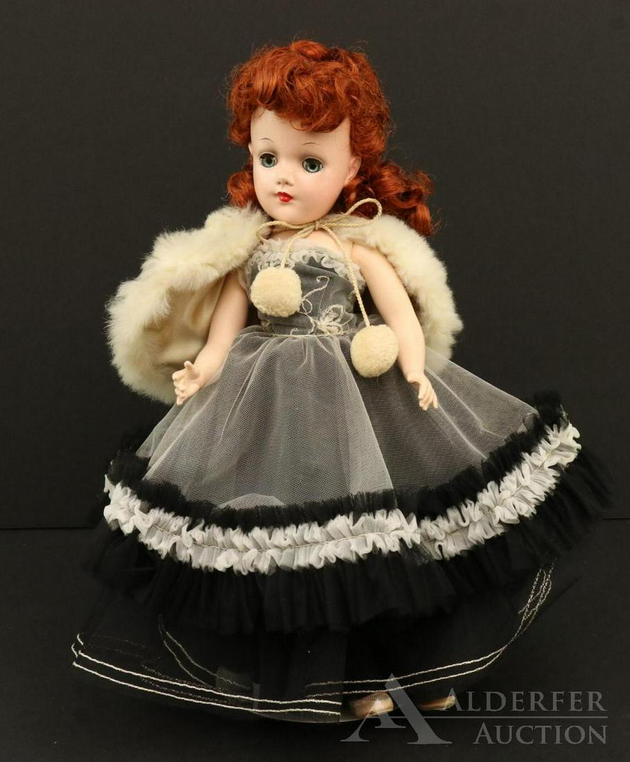 DOLLS OF THE 1950's-1960's.: 14" Marked MARY HOYER hard plastic doll. Very curly restyled red hair (that is stiff from spray?) Dressed in tagged black taffeta strapless gown with ivory tulle overlay, black/ivory ruffle. This is o