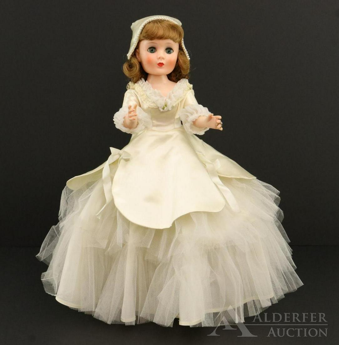 DOLLS OF THE 1950's-1960's.: 20" 1957 AMERICAN CHARACTER "Sweet Sue Sophisticate" vinyl bride doll. This doll is unmarked. Swivel waist. She has beautiful coloring and honey blonde uncombed hair. All original bridal gown, pettico