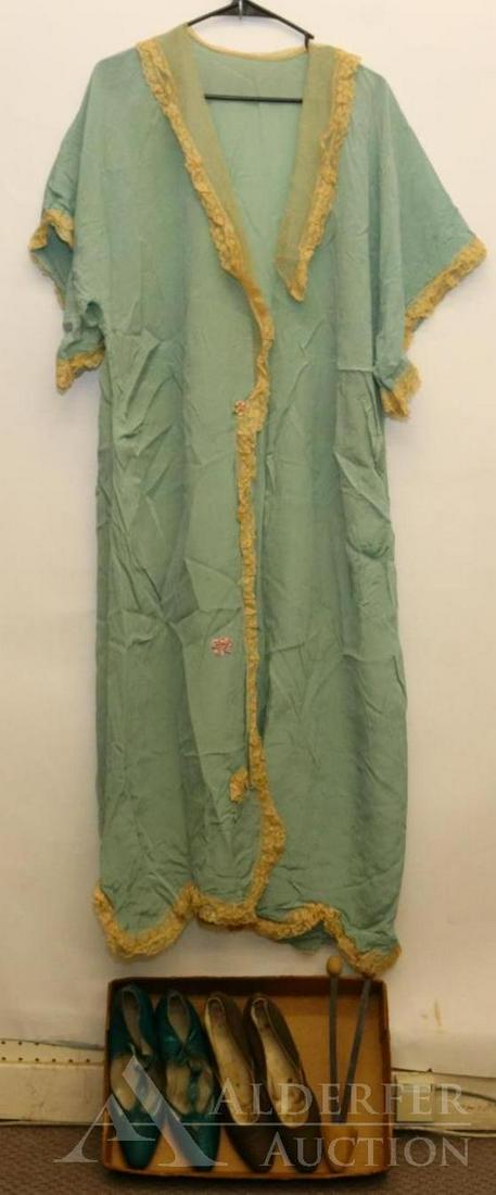 LOT OF ANTIQUE LADIES CLOTHING/SHOES.: Outfit - sea mist green silk lounging robe/duster with lace trim and ribbon rosettes. (Missing a belt or tie at waist). 49" L. Condition: small holes. Shoes - (2) prs. 9 1/2" green leather cutout pump