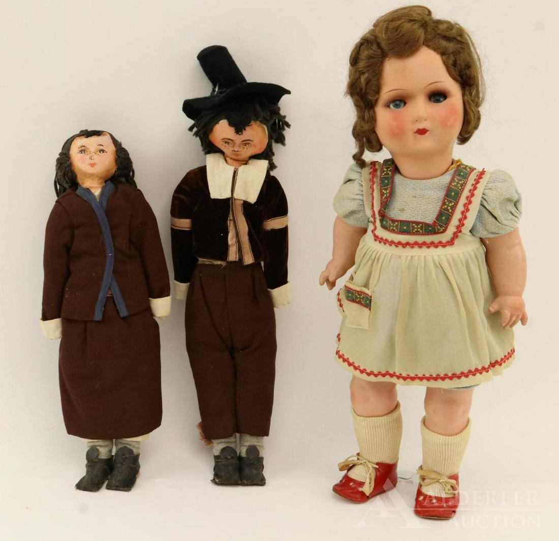 LOT OF PAPIER MACHE DOLL(S).: Lot of (3) dolls. Doll 1) 15"HV? German doll with papier mache head, blue sleep eyes, closed mouth, brown mohair wig. 5 Pc. papier mache toddler body. Clothing appears to be original, inc. red oilclot